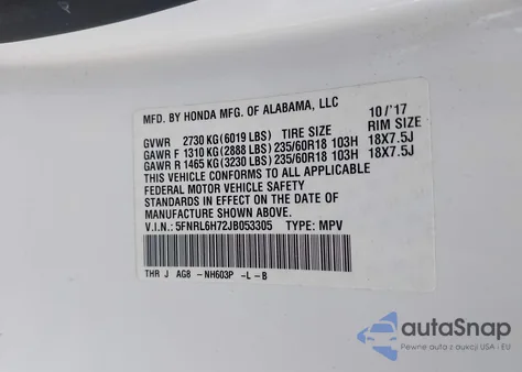 2018 Honda Odyssey Ex-L z USA, uszkodzony, nr VIN 5FNRL6H72JB053305